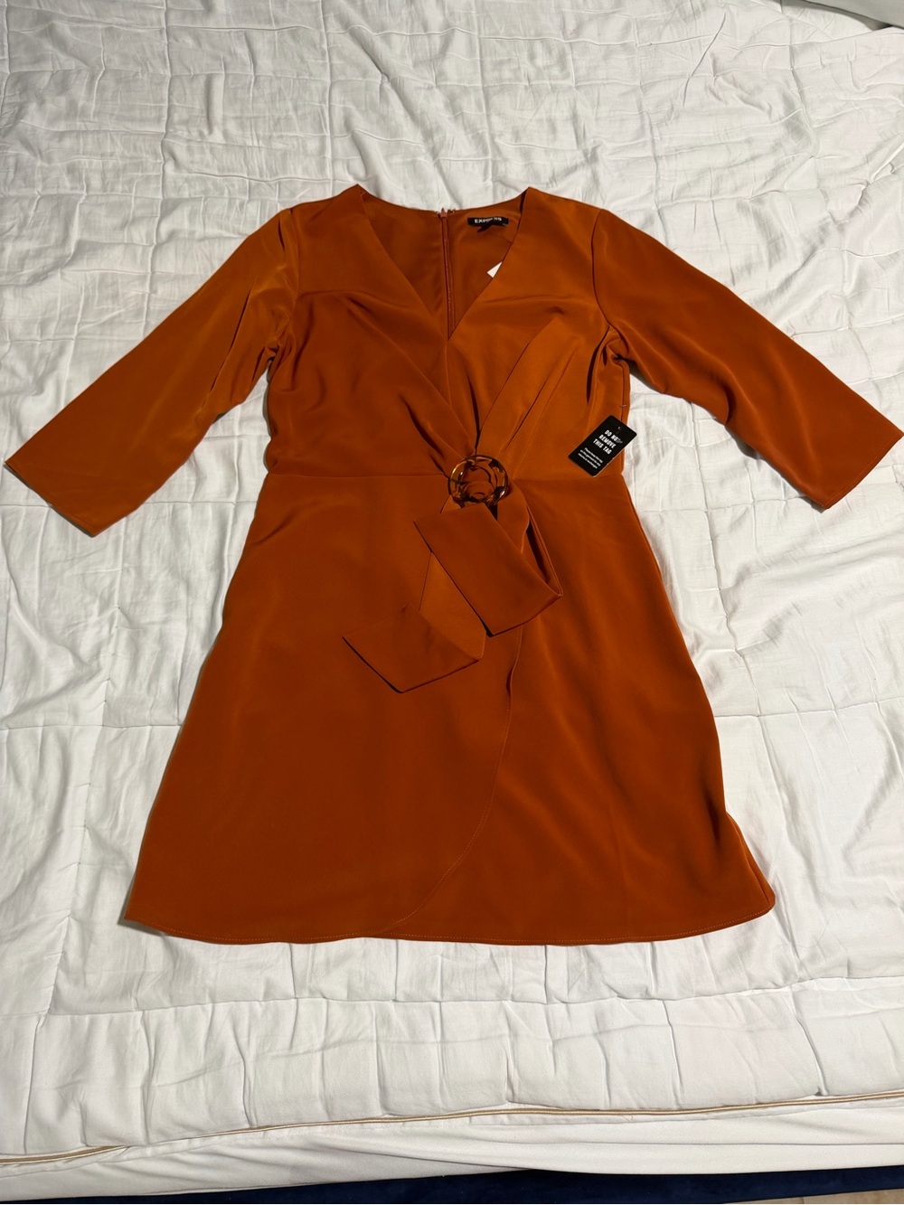 Express Rust Orange Faux-Wrap Dress with Ring Detail